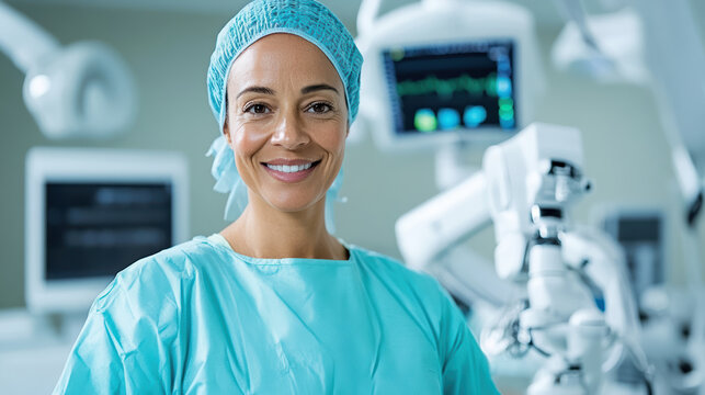 Skilled surgeon in surgical attire, smiling confidently in modern operating room