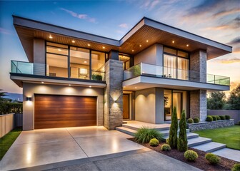 A modern luxury house front view with a flat roof and clean geometric lines. Featuring a combination of concrete, wood, and glass textures.