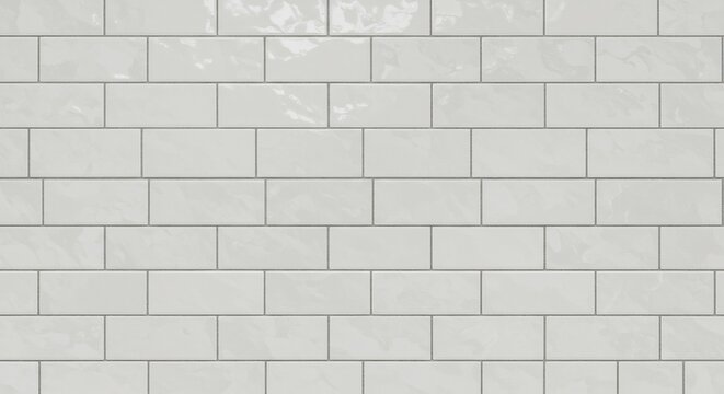 White rectangular subway tiles arranged in a horizontal offset pattern with gray grout lines