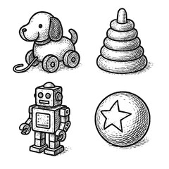 Vintage Engraving of Retro Toys – Etching Style of Classic Children’s Toys: Teddy Bear, Spinning Top, Rocking Horse, Wooden Block, Kite, Duck Toy – Antique Kids Playthings – Transparent Background
