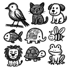Kids Crayon Animal Doodle Collection – Hand Drawn Childlike Style – Transparent Background