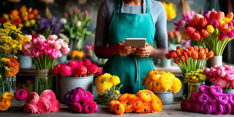 Florist in apron uses tablet to manage vibrant flowers in workspace