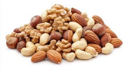 A pile of mixed nuts, including almonds, walnuts, and cashews, with a white background.
