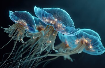 Bioluminescent jellyfish glowing in the dark depths of the ocean