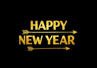 happy new year gold text with arrow design on black background

