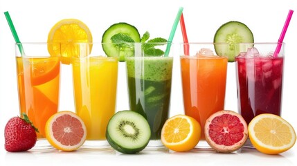A colorful assortment of fresh fruit juices and smoothies in tall glasses with straws, garnished with fresh fruits and mint leaves