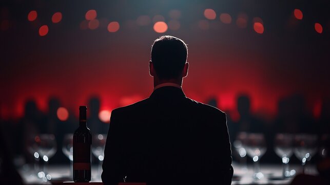 Man in Suit with Wine Bottle at Red Lit Event