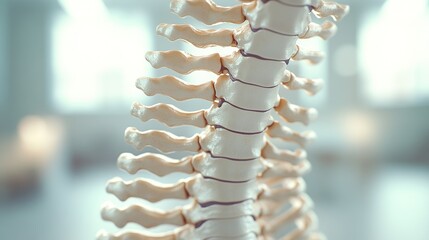 Fototapeta premium Human spine model with damaged vertebrae, close-up view of injury area for medical education and healthcare concepts, anatomical study of vertebral column and spinal disorders. 