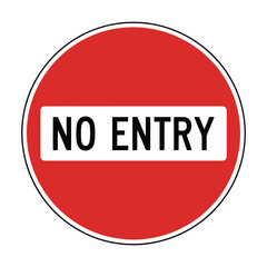Red circular traffic sign with white horizontal bar and black text no entry