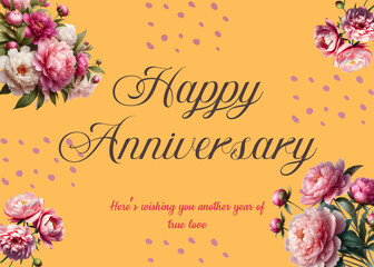 Beautiful floral greeting card design with pink roses, butterflies, and a vintage spring frame for anniversary wishes. 
