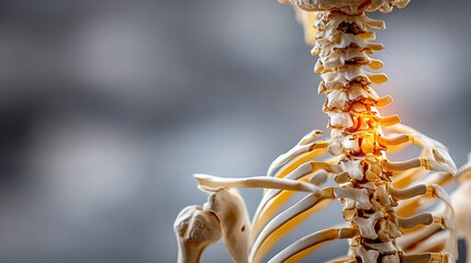 Fototapeta premium Human spine model with damaged vertebrae, close-up view of injury area for medical education and healthcare concepts, anatomical study of vertebral column and spinal disorders. 