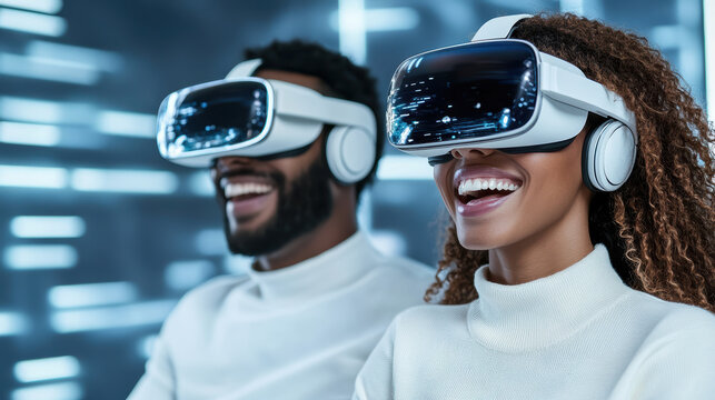 Immersive virtual reality experience with joyful couple wearing VR headsets, enjoying technology