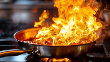 A frying pan with a flame inside, on a stove with a black background.