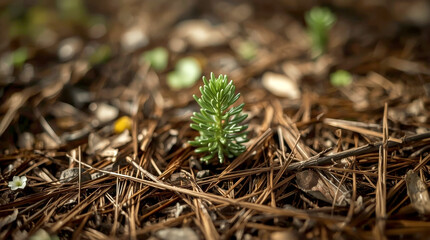 An evergreen seedling pushing through the forest floor, surrounded by fallen needles and a few small wildflowers. Focus on the delicate new growth and the contrast with the older, decaying matter
