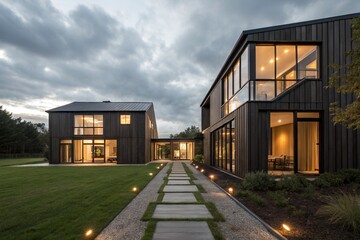 Obraz premium Modern luxury house at dusk with floor-to-ceiling windows, landscaped lawn, sleek facade, contemporary design, glowing lights, and a paved pathway. Perfect for real estate themes.