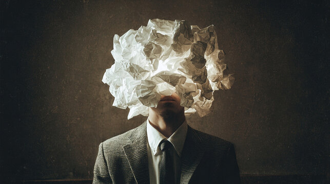 Conceptual portrait featuring a man in a suit with a white paper head, conveying themes of identity, anonymity, and surrealism.