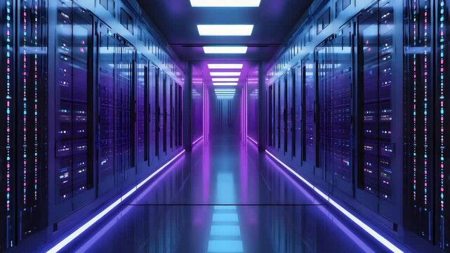 Illuminated server room corridor with blue and purple neon lights and reflective floor. Futuristic ai interface with data. Digital dashboard in virtual space. Ai hologram in modern office
