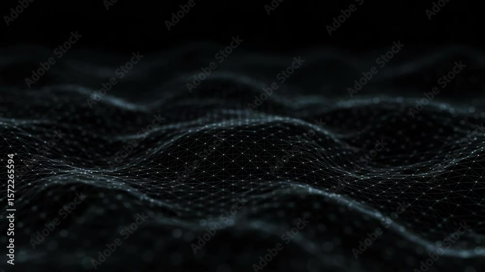 Poster a dark abstract network of interconnected dots and lines forms a technological wave