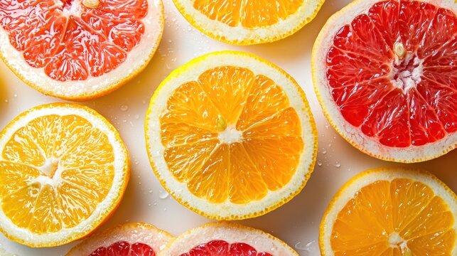 A vibrant display of sliced grapefruit and orange slices on a white background.