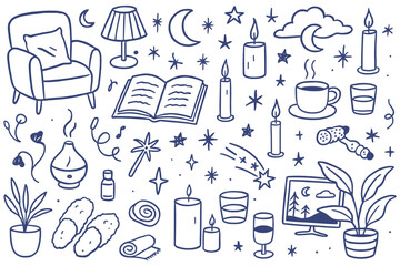 Hand drawn hygge elements collection with cozy home atmosphere for relaxing indoors
