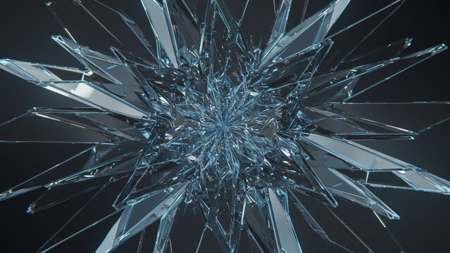 Abstract image of broken glass-like structures forming symmetrical or fractal patterns, sharp and high-contrast