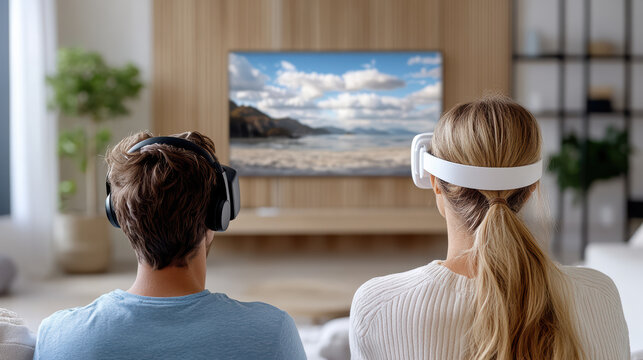 Immersive technology experience with virtual reality headsets couple enjoying digital content