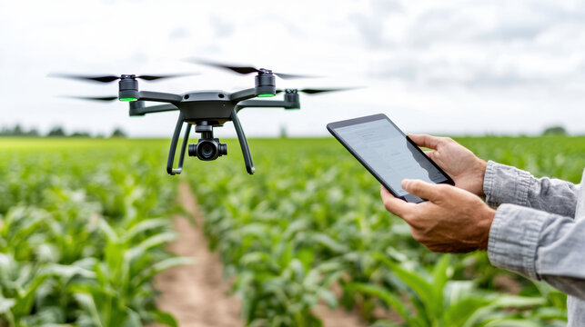 Farm drone technology enhances crop management with precision. farmer uses tablet to control