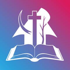 Christian religious symbol with open book, cross, and tree. Symbolic representation of faith and scripture.