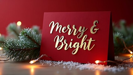 Seasonal greeting card with “Merry & Bright” in festive gold script on deep red background, resting against pine branches and fairy lights

