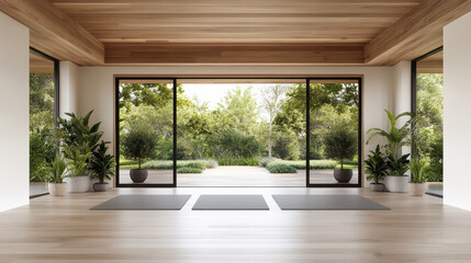 Spacious home gym with large windows, natural light, and greenery outside creates serene