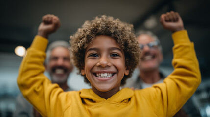 Child holding up a handmade science project with proud parents applauding, copy space above their heads.