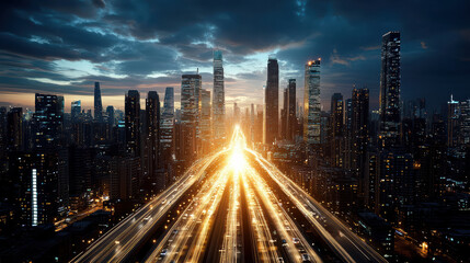 Futuristic city skyline illuminated by glowing lights, showcasing vibrant energy and movement