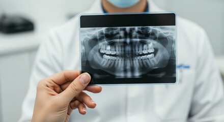 A dentist's hands holding up a panoramic dental x-ray film to the light for analysis and diagnosis