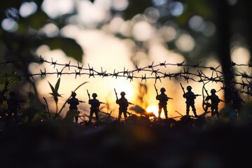 Silhouette of toy soldiers behind barbed wire at sunset.
