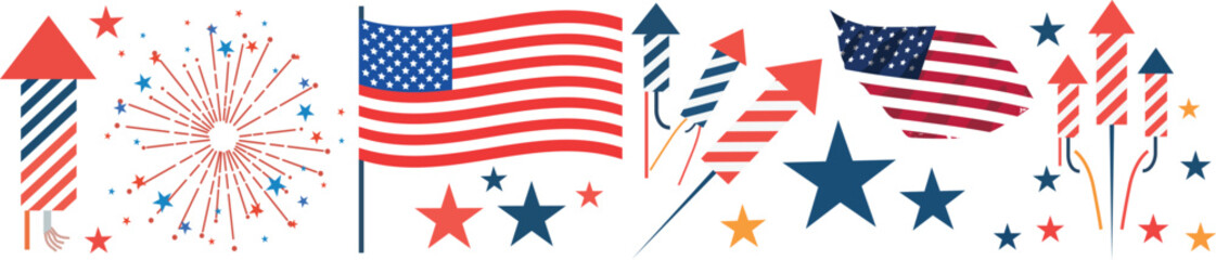 Obraz premium Festive american independence day celebration with colorful fireworks stars and waving flags in red white and blue