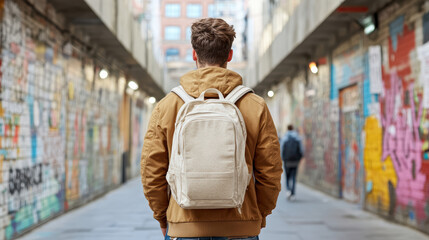 Fototapeta premium Man with backpack walks through urban underpass filled with colorful graffiti