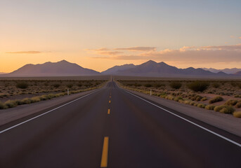 empty desert highway road leading to mountains at sunset golden hour
