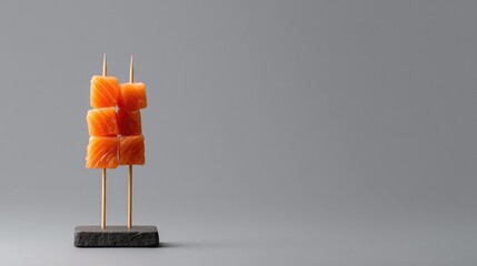 Delicate arrangement of candied salmon on skewers showcases arti