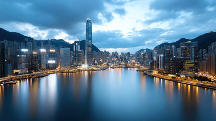 Stunning city skyline at dusk with illuminated buildings reflecting on water
