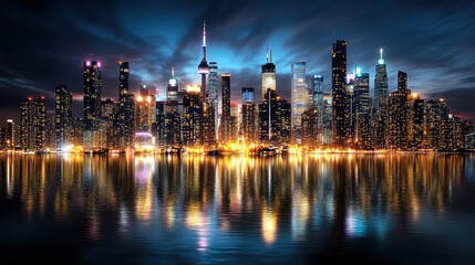 Fototapeta premium City skyline night with illuminated buildings reflecting water, creating vibrant atmosphere