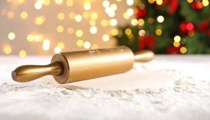 Gold rolling pin on floured dough, Christmas background