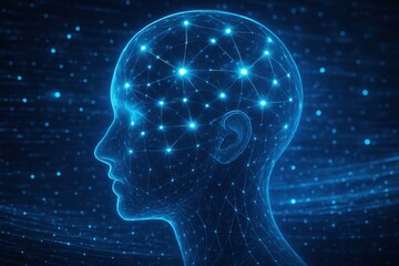Obraz premium Mindful innovation: An artistic illustration representing the human mind, with glowing networks and a constellation of thoughts, symbolizes innovation, creativity, intelligence, knowledge.