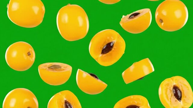 Animated Yellow Lucuma Fruit Slices and Whole Fruits Floating on Green Background