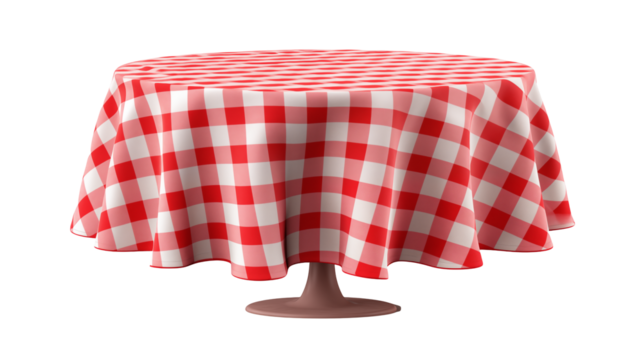 Round table adorned with a classic red and white checkered table cloth  isolated on transparent background