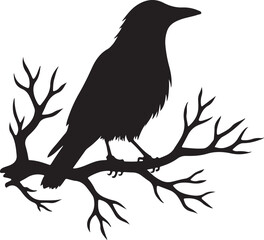 Obraz premium Silhouette of a Raven Perched on a Bare Tree Branch in a Dramatic Black and White Composition 