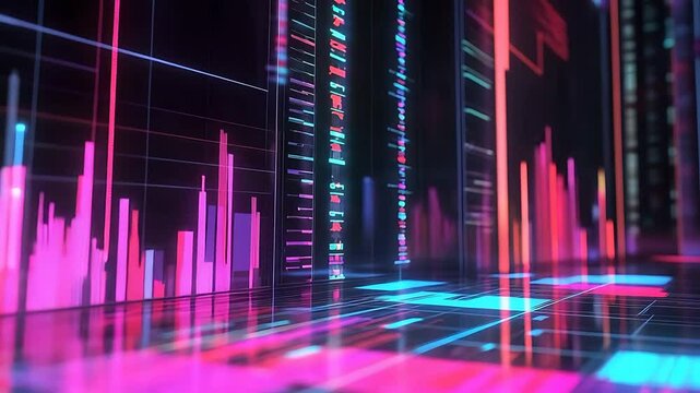 Abstract digital data visualization with colorful graphs and lines on a dark background