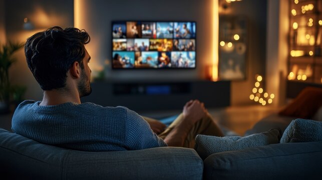 Man relaxing on sofa, watching TV at home.