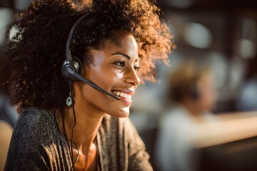 Smiling woman working remotely with headset and laptop in modern workspace