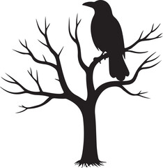 Silhouette of a Raven Perched on a Bare Tree Branch in a Dramatic Black and White Composition  
