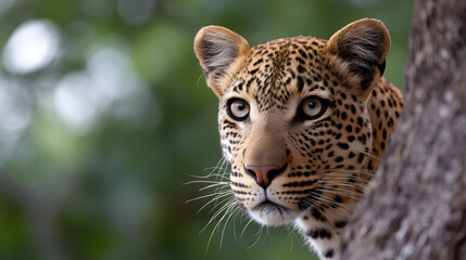 Obraz premium Leopard's Gaze: A captivating portrait of a leopard, its intense eyes locking gaze, emerging from behind a tree, showcasing the wild beauty and grace of the animal kingdom.